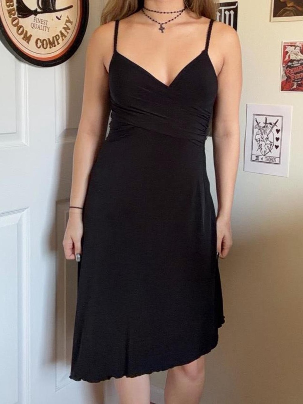 Black Midi Slip Dress with Spaghetti Straps